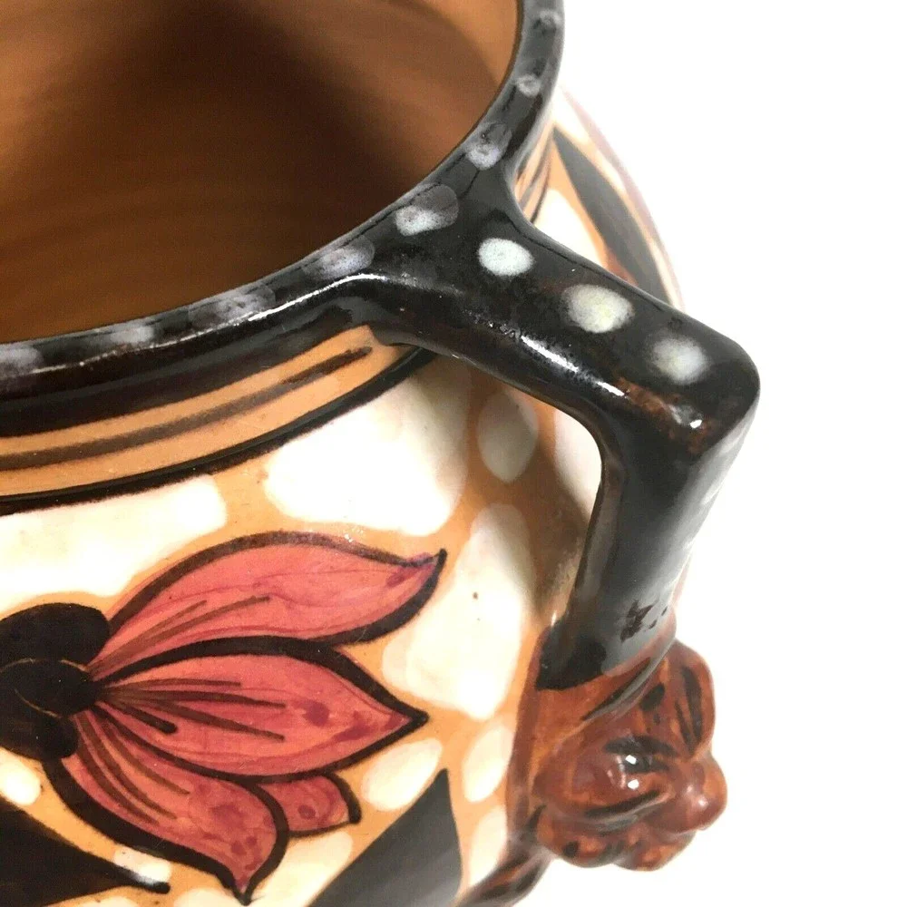 Lion Head Italian Vase Ceramic Glazed Double Handle Floral 7.5” Italy Signed